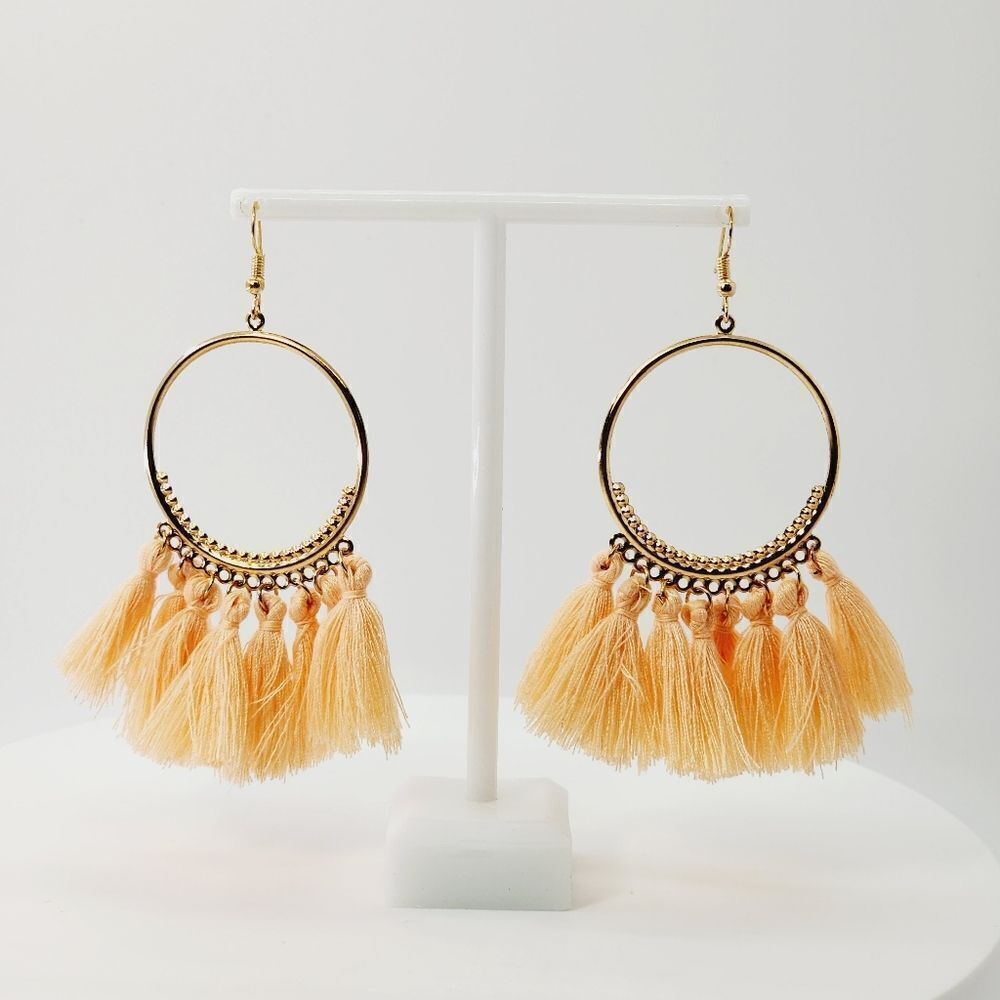 Peach Orange Sorbet Creamsicle Boho Drop Dangle Hoop Earrings Tassels Jewelry